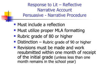 Response to Lit – Reflective Narrative Account Persuasive - Narrative Procedure Must include a reflection Must utilize proper MLA formatting Rubric grade of 80 or higher Distinction –  Rubric grade of 90 or higher Revisions must be made and work resubmitted within one month of receipt of the initial grade  (unless less than one month remains in the school year) 