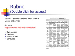 Rubric (Double click for access) Advice: The website below offers tutorial videos and advice. Access -  http://www.ruf.rice.edu/~comcoach/ Eye contact Gestures Voice Quality Language 