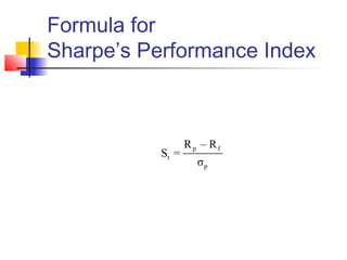 Formula for
Sharpe’s Performance Index

St =

Rp – Rf
σp

 