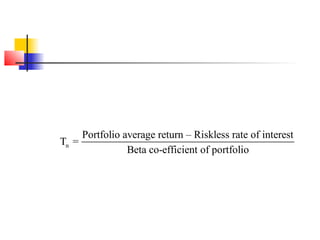 Portfolio average return – Riskless rate of interest
Tn =
Beta co-efficient of portfolio

 