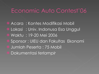 Acara : Kontes Modifikasi Mobil Lokasi  : Univ. Indonusa Esa Unggul Waktu : 19-20 Mei 2006 Sponsor : UIEU dan Fakultas  Ekonomi Jumlah Peserta : 75 Mobil Dokumentasi  terlampir 
