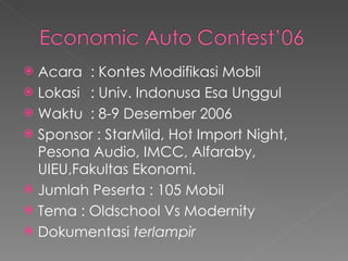 Acara : Kontes Modifikasi Mobil Lokasi  : Univ. Indonusa Esa Unggul Waktu : 8-9 Desember 2006 Sponsor : StarMild, Hot Import Night, Pesona Audio, IMCC, Alfaraby, UIEU,Fakultas Ekonomi. Jumlah Peserta : 105 Mobil Tema : Oldschool Vs Modernity Dokumentasi  terlampir 