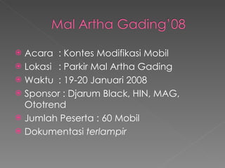 Acara : Kontes Modifikasi Mobil Lokasi  : Parkir Mal Artha Gading  Waktu : 19-20 Januari 2008 Sponsor : Djarum Black, HIN, MAG, Ototrend Jumlah Peserta : 60 Mobil Dokumentasi  terlampir 