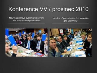 Konference VV / prosinec 2010
Návrh a příprava systému hlasování   Návrh a příprava veškerých materiálů
   dle vnitrostranických stanov                  pro účastníky
 
