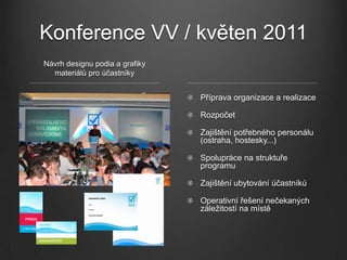 Konference VV / květen 2011
Návrh designu podia a grafiky
  materiálů pro účastníky


                                  Příprava organizace a realizace

                                  Rozpočet

                                  Zajištění potřebného personálu
                                  (ostraha, hostesky...)

                                  Spolupráce na struktuře
                                  programu

                                  Zajištění ubytování účastníků
            NÁVRHOVÝ  LSTEK
                                  Operativní řešení nečekaných
                                  záležitostí na místě
            Volba:


            Navrhující:



            Navržený  kandidát:
 