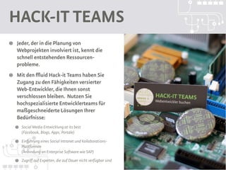 Hack-it Teams
Jeder, der in die Planung von Webprojekten
involviert ist, kennt die schnell
entstehenden Ressourcenprobleme.
Mit den ffluid Hack-it Teams haben Sie
Zugang zu den Fähigkeiten versierter Web-
Entwickler, die Ihnen sonst verschlossen
bleiben. 
Nutzen Sie hochspezialisierte
Entwicklerteams für maßgeschneiderte
Lösungen Ihrer Bedürfnisse:
  Social Media Entwicklung at its best
  (Facebook, Blogs, Apps, Portale)
  Einführung eines Social Intranet und Kollaborations-
  Plattformen
  (Anbindung an Enterprise Software wie SAP) 
  Zugriff auf Experten, die auf Dauer nicht verfügbar sind
 