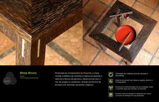 Mesa Bruno                 Produzida em Compensado de Pupunha, a mesa              Utilização de matérias-primas naturais e
         design                     remete a estética do mobiliário tradicional japonês e   renováveis
         Fibra Design Sustentável
                                    valoriza a textura da palmeira. Desenvolvida sem o
                                                                                            Material produzido com adesivo vegetal, atóxico e
DESIGN                              uso de pregos ou parafusos, através de técnica de       biodegradável
                                    encaixe com laminado de bambu orgânico.
                                                                                            Promove a conscientização de comunidades rurais
                                                                                            e contribui para sua inserção no mercado


                                                                                            Produto utiliza processos e materiais com baixo
                                                                                            consumo de energia em sua produção
 