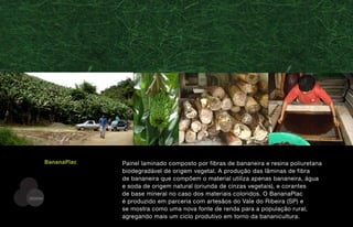 BananaPlac   Painel laminado composto por fibras de bananeira e resina poliuretana
                      biodegradável de origem vegetal. A produção das lâminas de fibra
                      de bananeira que compõem o material utiliza apenas bananeira, água
                      e soda de origem natural (oriunda de cinzas vegetais), e corantes
                      de base mineral no caso dos materiais coloridos. O BananaPlac
DESENV
                      é produzido em parceria com artesãos do Vale do Ribeira (SP) e
                      se mostra como uma nova fonte de renda para a população rural,
                      agregando mais um ciclo produtivo em torno da bananicultura.
 