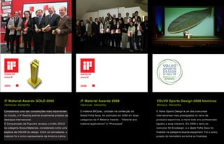 iF Material Awards GOLD 2005                            iF Material Awards 2008                            VOLVO Sports Design 2008 Nominee
Hannover, Alemanha                                      Hannover, Alemanha                                 Munique, Alemanha

Considerado uma das competições mais importantes        O material BIOplac, utilziado na confecção do      O Volvo Sports Design é um dos concursos
no mundo, o iF Awards premia anualmente projetos de     Skate Folha Seca, foi premiado em 2008 em duas     internacionais mais prestigiados no ramo de
destaque internacional.                                 categorias do iF Material Awards - “Material and   produtos esportivos, e reúne todo ano profissionais
O Compensado de Pupunha recebeu o troféu GOLD           material applications” e “Processes”.              ligados a essa indústria. Em 2008 o tema do
na categoria Novos Materiais, considerado como uma                                                         concurso foi Ecodesign, e o skate Folha Seca foi
espécie de OSCAR do design. Entre os vencedores, o                                                         finalista na categoria boards equipment. Foi o único
material foi o único representante da América Latina.                                                      projeto do hemisfério sul entre os finalistas.
 