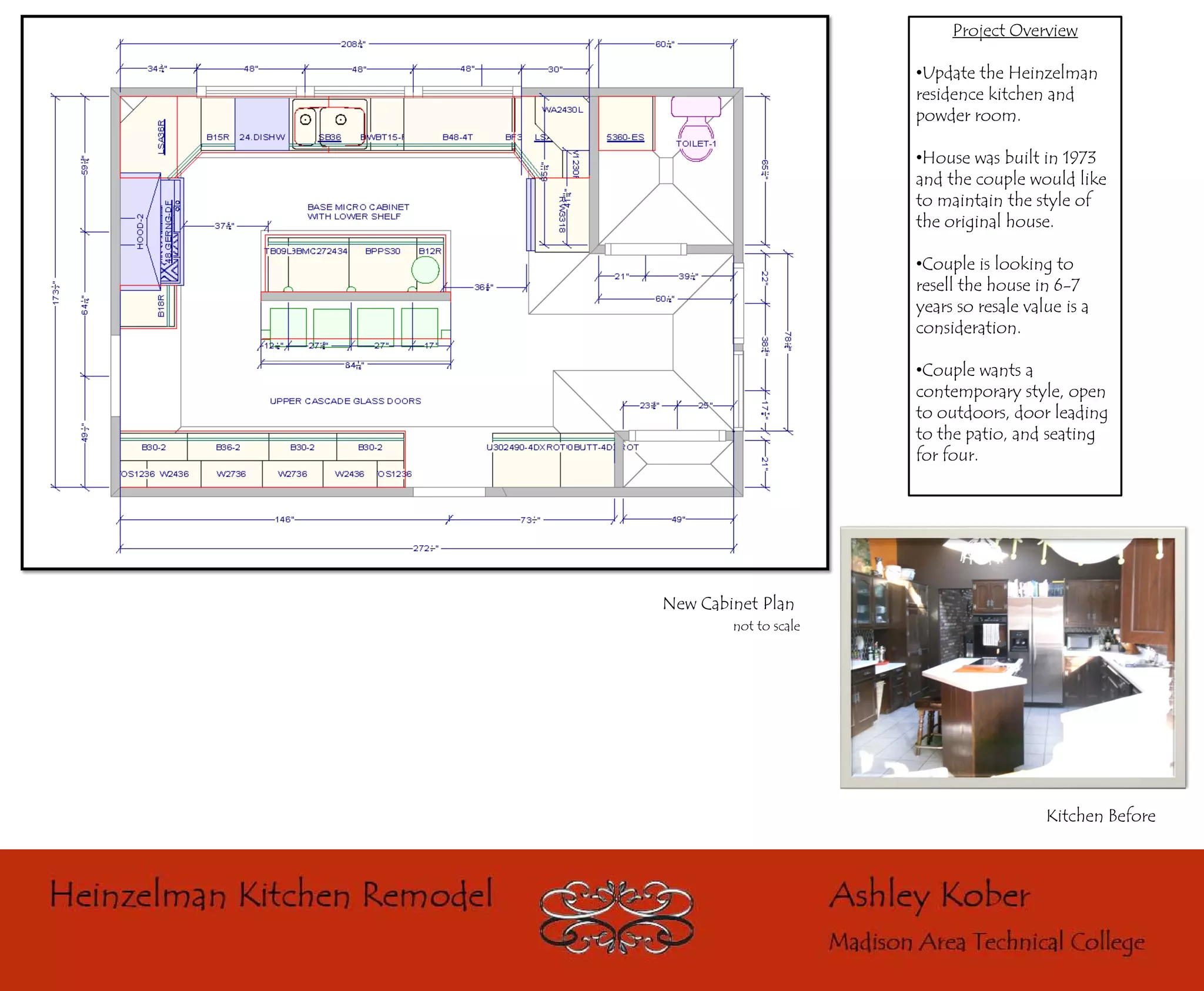 Project Overview

                       •Update the Heinzelman
                       residence kitchen and
                       powder room.

                       •House was built in 1973
                       and the couple would like
                       to maintain the style of
                       the original house.

                       •Couple is looking to
                       resell the house in 6-7
                       years so resale value is a
                       consideration.

                       •Couple wants a
                       contemporary style, open
                       to outdoors, door leading
                       to the patio, and seating
                       for four.




New Cabinet Plan
        not to scale




                                          Kitchen Before
 