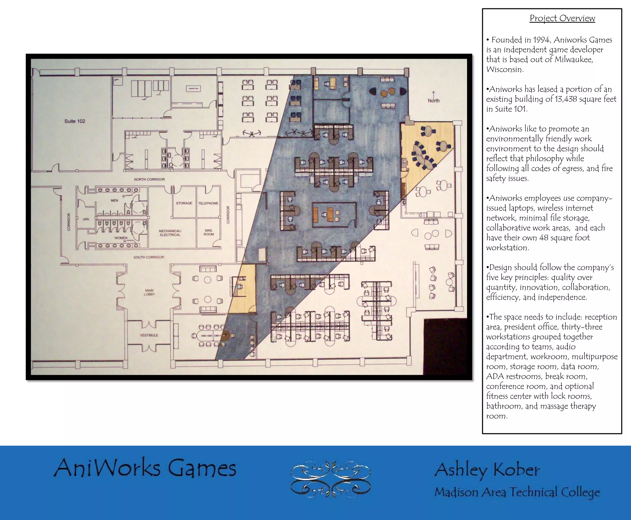 Project Overview

• Founded in 1994, Aniworks Games
is an independent game developer
that is based out of Milwaukee,
Wisconsin.

•Aniworks has leased a portion of an
existing building of 13,438 square feet
in Suite 101.

•Aniworks like to promote an
environmentally friendly work
environment to the design should
reflect that philosophy while
following all codes of egress, and fire
safety issues.

•Aniworks employees use company-
issued laptops, wireless internet
network, minimal file storage,
collaborative work areas, and each
have their own 48 square foot
workstation.

•Design should follow the company’s
five key principles: quality over
quantity, innovation, collaboration,
efficiency, and independence.

•The space needs to include: reception
area, president office, thirty-three
workstations grouped together
according to teams, audio
department, workroom, multipurpose
room, storage room, data room,
ADA restrooms, break room,
conference room, and optional
fitness center with lock rooms,
bathroom, and massage therapy
room.
 