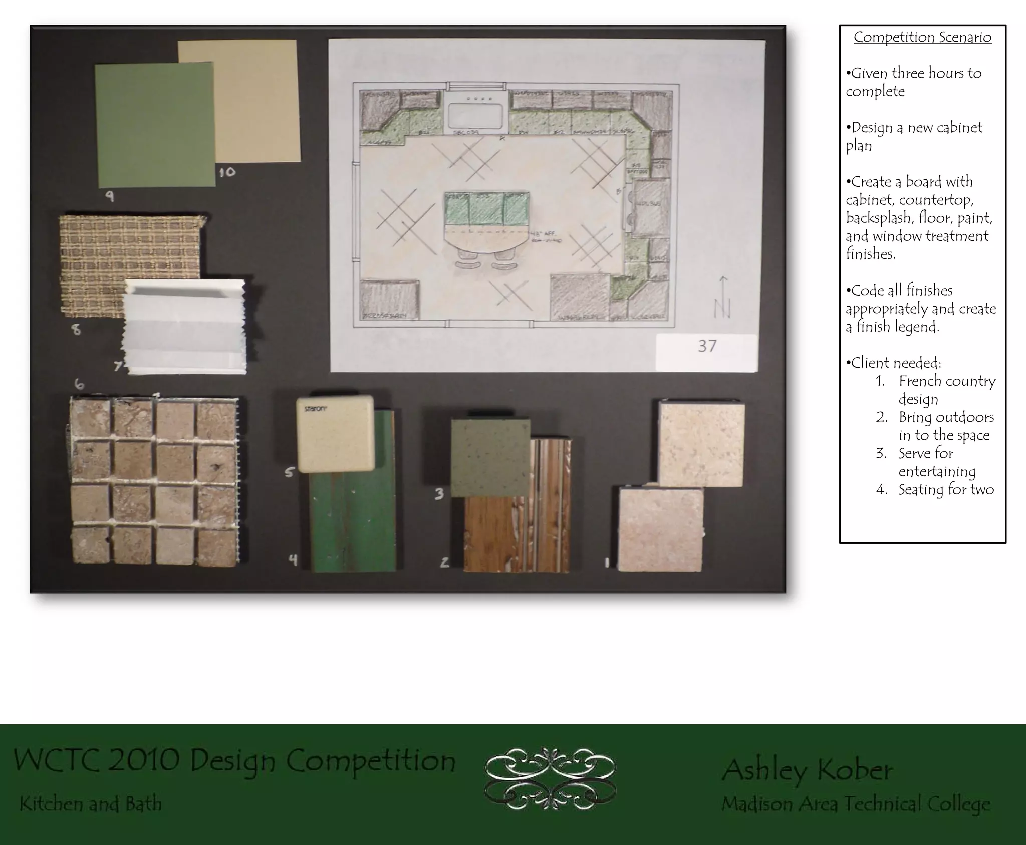 Competition Scenario

•Given three hours to
complete

•Design a new cabinet
plan

•Create a board with
cabinet, countertop,
backsplash, floor, paint,
and window treatment
finishes.

•Code all finishes
appropriately and create
a finish legend.

•Client needed:
     1. French country
         design
     2. Bring outdoors
         in to the space
     3. Serve for
         entertaining
     4. Seating for two
 