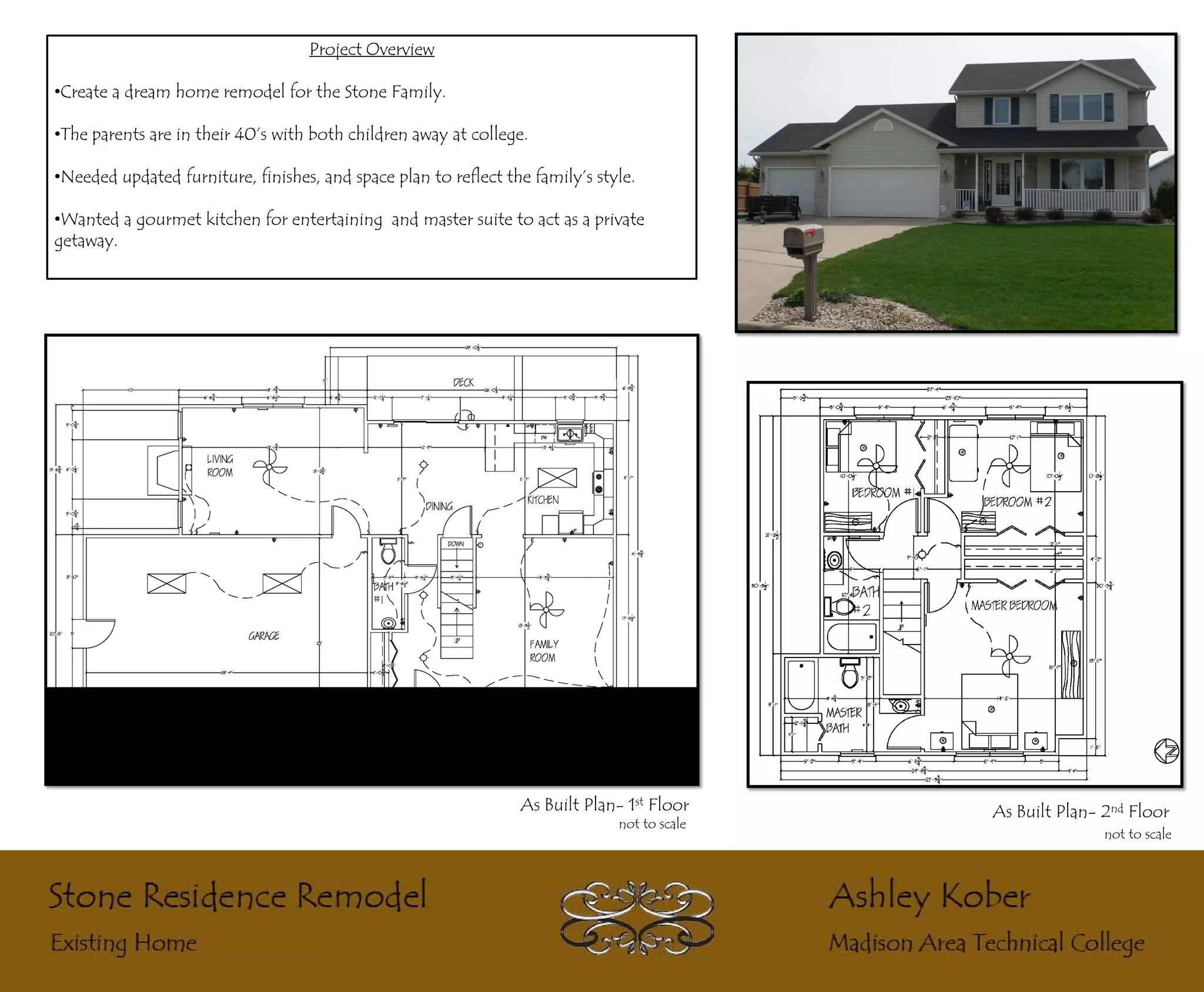 Project Overview

•Create a dream home remodel for the Stone Family.

•The parents are in their 40’s with both children away at college.

•Needed updated furniture, finishes, and space plan to reflect the family’s style.

•Wanted a gourmet kitchen for entertaining and master suite to act as a private
getaway.




                                                                 As Built Plan- 1st Floor     As Built Plan- 2nd Floor
                                                                               not to scale
                                                                                                             not to scale
 