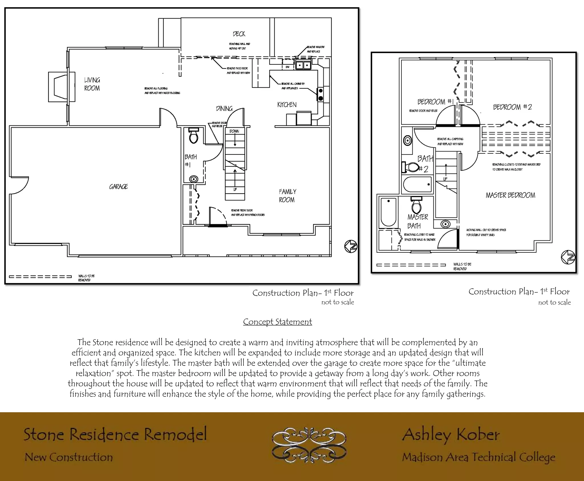 Construction Plan- 1st Floor                                  Construction Plan- 1st Floor
                                                                         not to scale                                                 not to scale

                                                  Concept Statement

    The Stone residence will be designed to create a warm and inviting atmosphere that will be complemented by an
  efficient and organized space. The kitchen will be expanded to include more storage and an updated design that will
 reflect that family’s lifestyle. The master bath will be extended over the garage to create more space for the “ultimate
   relaxation” spot. The master bedroom will be updated to provide a getaway from a long day’s work. Other rooms
throughout the house will be updated to reflect that warm environment that will reflect that needs of the family. The
 finishes and furniture will enhance the style of the home, while providing the perfect place for any family gatherings.
 