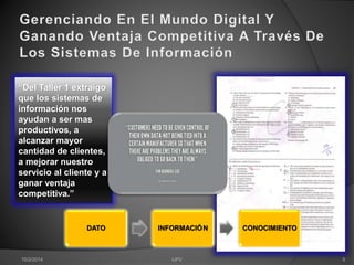 “Del Taller 1 extraigo 
que los sistemas de 
información nos 
ayudan a ser mas 
productivos, a 
alcanzar mayor 
cantidad de clientes, 
a mejorar nuestro 
servicio al cliente y a 
ganar ventaja 
competitiva.” 
DATO INFORMACIÓN CONOCIMIENTO 
10/2/2014 IJPV 5 
 