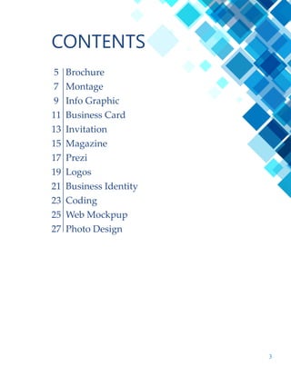 5
Description:
A complex hexagon shape folding brochure.
Date:
11/30/16
Course/Instructor:
Comm 130 Section 13
Sarah Tranberg
Program(s)/Tools:
Adobe InDesign
Adobe Photoshop
Adobe Illustrator
Objectives:
Size and optimize an original logo as a .png for the brochure.
Link a Photoshop file with a background cut-out and wrap
the text
Learn paragraph styling for InDesign.
Process:
I started by creating the logo in Illustrator. I kept that
simple. I then created a hexagon layout in InDesign and
combined them into groups of three. This gave place for
background images, one of which was a Photoshop file
wherein I had removed the background. Now I could
enter the text and wrap it around the cut out picture. I
intentionally broke the rules of typography by adding a few
bold colored placed and going with center justified text in
the hexagon. It looked better and reviewed better so I went
with it. It took some work to get the folding sequence right
but it was worth it.
BROCHURE
 