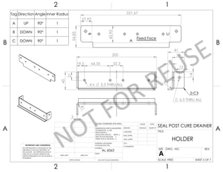 21
45 19,5 64,35 32,3
200
4 x 5,5 THRU ALL
R1
6,5 THRU ALL
14
12
11
30
41
2-C3
3
R
1
27,92
251,67
42,92
54,83
A
B
C
Fixed Face
Tag Direction Angle Inner Radius
A UP 90° 1
B DOWN 90° 1
C DOWN 90° 1
UNLESS OTHERWISE SPECIFIED:
CHECKED
SIZE
APPLICATION
TITLE:
PROPRIETARY AND CONFIDENTIAL
INTERPRET GEOMETRIC
TOLERANCING PER:
Q.A.
FINISH
DWG. NO.
DATE
USED ON A
DIMENSIONS ARE IN MILIMETERS
TOLERANCES: 0.05
FRACTIONAL
ANGULAR: MACH BEND
TWO PLACE DECIMAL
THREE PLACE DECIMAL
NEXT ASSY
MATERIAL
NAME
REV
DO NOT SCALE DRAWING SCALE: FREE
HOLDER
ENG APPR.
COMMENTS:
DRAWN
MFG APPR.
SHEET 5 OF 7
2 1
A
B
A
B
1
2
THE INFORMATION CONTAINED IN THIS
DRAWING IS THE SOLE PROPERTY OF
THE AUTHOR. ANY REPRODUCTION IN
PART OR AS A WHOLE WITHOUT THE
WRITTEN PERMISSION OF THE AUTHOR IS
PROHIBITED.
23/09/19
ANGGA
AL 6063
SEAL POST CURE DRAINER
 