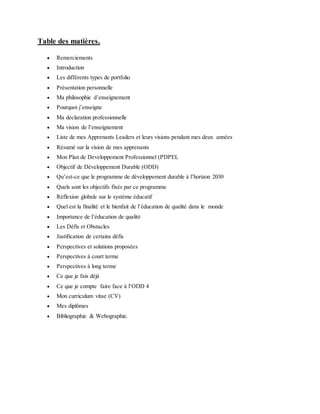 Table des matières.
 Remerciements
 Introduction
 Les différents types de portfolio
 Présentation personnelle
 Ma philosophie d’enseignement
 Pourquoi j’enseigne
 Ma declaration professionnelle
 Ma vision de l’enseignement
 Liste de mes Apprenants Leaders et leurs visions pendant mes deux années
 Résumé sur la vision de mes apprenants
 Mon Plan de Developpement Professionnel (PDPEL
 Objectif de Développement Durable (ODD)
 Qu’est-ce que le programme de développement durable à l’horizon 2030
 Quels sont les objectifs fixés par ce programme
 Réflexion globale sur le système éducatif
 Quel est la finalité et le bienfait de l’éducation de qualité dans le monde
 Importance de l’éducation de qualité
 Les Défis et Obstacles
 Justification de certains défis
 Perspectives et solutions proposées
 Perspectives à court terme
 Perspectives à long terme
 Ce que je fais déjà
 Ce que je compte faire face à l’ODD 4
 Mon curriculum vitae (CV)
 Mes diplômes
 Bibliographie & Webographie.
 