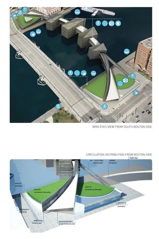 CIRCULATION DISTRIBUTION FROM BOSTON SIDE
PEDESTRIAN
EXPRESS WAY
BIKE + PEDESTRIAN HARBOR
ENTRANCEEXPRESS WAY
AUDITORIUM
ENTRANCE
FERRY HUB
ROOFTOP
OUTDOOR SITTING AREAROOFTOP
OUTDOOR SITTING AREA
ROOFTOP
ENTRANCE
HARBOR WALK
EXTENSION
MUSEUM ENTRANCE
AT SOUTH BOSTON SIDE
BIRD EYES VIEW FROM SOUTH BOSTON SIDE
 