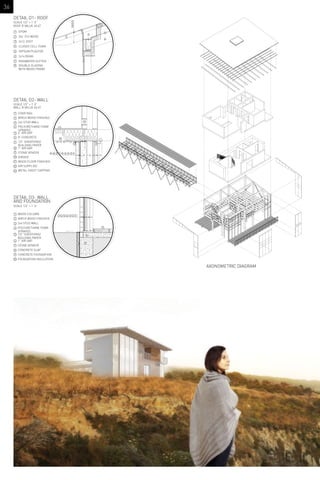 1 WOOD COLUMN
BIRCH WOOD FINISHED
2x4 STUD WALL
POLYURETHANE FOAM
SPRAYED
1/2” SHEATHING/
BUILDING PAPER
1” AIR GAP
STONE VENEER
CONCRETE SLAP
CONCRETE FOUNDATION
FOUNDATION INSULATION
2
3
4
5
6
7
8
9
10
SCALE 1/2” = 1’ 0”
DETAIL D3- WALL
AND FOUNDATION
1 EPDM
3/4” PLY WOOD
2x12 JOIST
CLOSED CELL FOAM
GYPSUM PLASTER
2x14 BEAM
RAINWATER GUTTER
DOUBLE GLAZING
WITH WOOD FRAME
2
3
4
5
6
7
8
DETAIL D1- ROOF
SCALE 1/2” = 1’ 0”
ROOF R VALUE 40.67 4
3
2
5
6
7
8
1
1 STAIR RAIL
BIRCH WOOD FINISHED
2x4 STUD WALL
POLYURETHANE FOAM
SPRAYED
6” AIR GAP
8” CONCRETE
1/2” SHEATHING/
BUILDING PAPER
1” AIR GAP
STONE VENEER
GIRDER
WOOD FLOOR FINISHED
AIR SUPPLIED
METAL SHEET CAPPING
2
3
4
5
6
7
8
9
10
11
12
13
SCALE 1/2” = 1’ 0”
DETAIL D2- WALL
WALL R VALUE 40.67
23456789 1
10
11
12
13
8
9
11
1234567
10
AXONOMETRIC DIAGRAM
D2 D1
D3
36
 