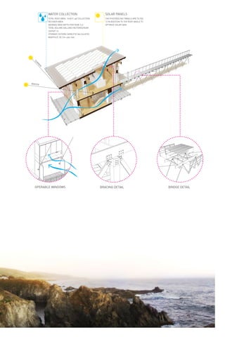 WATER COLLECTION
TOTAL ROOF AREA: 1418.01 sqf COLLECTION
RECOVER AREA
AVERAGE RAIN DEPTH PER YEAR: 5.4”
TOTAL VOLUME GALLONS FACTORED/YEAR:
2249401.14
STORAGE CISTERN CAPACITY( CALCULATED
MONTHLY): 50,124 cubic feet
SOLAR PANELS
THE PHOTOVOLTAIC PANELS ARE TILTED
12 IN ADDITION TO THE ROOF ANGLE TO
OPTIMIZE SOLAR GAIN
OPERABLE WINDOWS BRACING DETAIL BRIDGE DETAIL
SUM
M
ER
WINTER
 