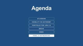 Agenda
ATLASSIAN
VISIBILITY VS AUTONOMY
DEMO
PANEL & NETWORKING
BREAK
PORTFOLIO FOR JIRA 2.0
 