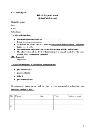 9
CHAPTER I part 1.
Initial diagnosis sheet
(School’s full name)
Student’s name:
Date:
Class:
School year:
The diagnosis based on:
● Disability degree certificate no. ……………………..,
● Issued by………………………
● An opinion no. PPP4-4331-338/12 issued by Psychological and Pedagogical Counselling
Centre no. 4 in Łódź.
● Conversations with parents concerning child’s needs, abilities and interests.
● The observations of the level of functioning of a student carried by the class
teacher, other teachers and specialists.
(The diagnosis)
Explanation
The planned range of a psychological- pedagogical aid:
● psycho-corrective:
● psycho-didactic:
● didactic:
● psycho-therapeutic:
Recommended forms, means and the time to give psychological-pedagogical aid,
suggested number of hours.
No. Classes Day Time Number of hours
1.
2.
 