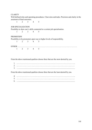 132
CLARITY
Well defined roles and operating procedures. Clear aims and tasks. Precision and clarity in the
assement of final outcomes.
1 2 3 4 5
JOB SPECIALISATION
Possibilty to show one’s skills connected to a certain job specialisation.
1 2 3 4 5
PROMOTION
Possibility to be promoted, open way to higher levels of responsibility.
1 2 3 4 5
OTHER ……………………………………………………………………………………
1 2 3 4 5
From the above mentioned qualities choose three that are the most desired by you.
1. …………………………………………………………………………………..
2. ………………………………………………………………………………….
3. …..........................................................................................................................
From the above mentioned qualities choose three that are the least desired by you.
4. …………………………………………………………………………………..
5. ………………………………………………………………………………….
6. …..........................................................................................................................
 