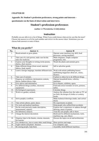 141
CHAPTER III
Appendix 3b: Student’s profession preferences, strong points and interests –
questionnaire on the basis of observation and interviews.
Student’s professiom preferences
(author: J. Woroniecka, G.Sołtysińska)
Instruction
Probably you are able to to a lot of things. What if you could choose what acivity you like the most?
Choose one answer (a or b) for each number and circle it in the answer sheet. Sometimes you can
choose both answers or none of them.
What do you prefer?
No. Answer A Answer B
1. Breed animals or grow plants. Operate some machines (eg. drill, food
processor, sewing machine).
2. Take care of a sick person, make sure he/she
takes her medicine.
Make diagrams, simple computer
programms, lists.
3. Express your thoughts in writing (write poems,
diaries, short stories).
Watch the plants and animals grow.
4. Make different things (from wood, material,
fabrics, food, metal).
Sell or advertise goods.
5. Learn a foreign language, translate different texts. Work with artistic publishing houses
(publishing magazines about art., music,
theatre).
6. Take care of animals. Explain to others ho to do different things.
7. Organise an exhibition, declamation contests,
discos, fashion shows, trips.
Operate household items, vehicles,
machines.
8. Give advice and information. Go to theatre, exhibitin, opera.
9. Fix different things (clothes, electronic
equipment)
Find and correct mistakes in texts, pictures,
tables.
10. Do biological experiments. Calculate things.
11. Work in a garden, orchard, Analyse the schemes how the radio or TV set
are built, the design of clothes or cookery
books.
12. Solve people;s conflicts. Make technical drawings (make, and correct
them)
13. Take artistic photos, paint, dance. Do experiments on plants.
14. Fix tools and medical machines. Help people who sufferd from accidents
15. Do the work precisely (make description,
measurments, reports)
Express one’s experience or sadness through
drawing, music or poems.
16. Do laboratory analysis. Treat the sick people, talk to them.
17. Change the interior decoration. Build and fix different mechanisms, tools,
machines (eg. cars, bikes)
18. Organise trips to the theatre, cinema, museum,
for tourists.
Discuss the topics on art and architecture.
19. Fix a broken toy, iron or some other small things. Draw pictires and maps.
20. Fught rodents and plants’ diseases. Use computer, type.
21. Be among people, help them. Assemble, build different machines.
 