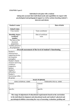 11
CHAPTER I part 2
Individual work plan with a student
taking into account their individual needs and capabilities in respect with
psychological and pedagogical support as well as actions boosting student’s
interests and talents
Student’s name Date of birth
School’s data
Class teacher Team coordinator
Disability degree
certificate
number
Date of certificate
issue
The basis of the
document
preparation
Validity period of
the programme
Overall assessment of the level of student’s functioning
Student’s
characteristics
supporting his/her
development
(strengths)
Student’s family
situation and living
conditions
(supportive
factors)
Student’s
difficulties
Student’s
functioning within
the group
MAIN PURPOSE
EDUCATIONAL AIMS THERAPEUTICAL AIMS
General:
1.
2.
General:
1.
2.
Specific:
1.
2.
Specific:
1.
2.
The range of adjustment of educational requirements based on the curriculum
to the individual development and educational needs and student’s physical and
psychological abilities concerning the ways of assessing, evaluation, grading and
 