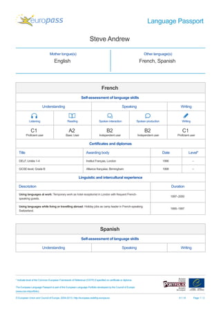 Language Passport
Steve Andrew
Mother tongue(s) Other language(s)
English French, Spanish
French
Self-assessment of language skills
Understanding Speaking Writing
Listening Reading Spoken interaction Spoken production Writing
C1
Proficient user
A2
Basic User
B2
Independent user
B2
Independent user
C1
Proficient user
Certificates and diplomas
Title Awarding body Date Level*
DELF, Unités 1-4 Institut Français, London 1996 –
GCSE-level, Grade B Alliance française, Birmingham 1998 –
Linguistic and intercultural experience
Description Duration
Using languages at work: Temporary work as hotel receptionist in London with frequent French-
speaking guests.
1997–2000
Using languages while living or travelling abroad: Holiday jobs as camp leader in French-speaking
Switzerland.
1995–1997
Spanish
Self-assessment of language skills
Understanding Speaking Writing
* Indicate level of the Common European Framework of Reference (CEFR) if specified on certificate or diploma.
The Europass Language Passport is part of the European Language Portfolio developed by the Council of Europe
(www.coe.int/portfolio).
© European Union and Council of Europe, 2004-2013 | http://europass.cedefop.europa.eu 9.1.14 Page 1 / 3
 