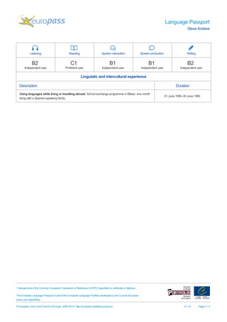 Language Passport
Steve Andrew
Listening Reading Spoken interaction Spoken production Writing
B2
Independent user
C1
Proficient user
B1
Independent user
B1
Independent user
B2
Independent user
Linguistic and intercultural experience
Description Duration
Using languages while living or travelling abroad: School exchange programme in Bilbao: one month
living with a Spanish-speaking family.
01 June 1990–30 June 1990
* Indicate level of the Common European Framework of Reference (CEFR) if specified on certificate or diploma.
The Europass Language Passport is part of the European Language Portfolio developed by the Council of Europe
(www.coe.int/portfolio).
© European Union and Council of Europe, 2004-2013 | http://europass.cedefop.europa.eu 9.1.14 Page 2 / 3
 