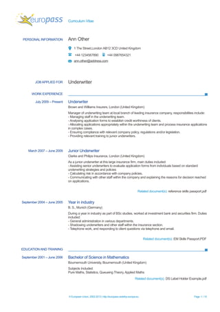 Curriculum Vitae
PERSONAL INFORMATION Ann Other
1 The Street,London AB12 3CD United Kingdom
+44 1234567890 +44 0987654321
ann.other@address.com
JOB APPLIED FOR Underwriter
WORK EXPERIENCE
July 2009 – Present Underwriter
Brown and Williams Insurers, London (United Kingdom)
Manager of underwriting team at local branch of leading insurance company, responsibilities include:
- Managing staff in the underwriting team.
- Analysing application forms to establish credit worthiness of clients.
- Allocating applications appropriately within the underwriting team and process insurance applications
in complex cases.
- Ensuring compliance with relevant company policy, regulations and/or legislation.
- Providing relevant training to junior underwriters.
March 2007 – June 2009 Junior Underwriter
Clarke and Philips Insurance, London (United Kingdom)
As a junior underwriter at this large insurance firm, main duties included:
- Assisting senior underwriters to evaluate application forms from individuals based on standard
underwriting strategies and policies
- Calculating risk in accordance with company policies.
- Communicating with other staff within the company and explaining the reasons for decision reached
on applications.
Related document(s): reference skills passport.pdf
September 2004 – June 2005 Year in industry
B. S., Munich (Germany)
During a year in industry as part of BSc studies, worked at investment bank and securities firm. Duties
included:
- General administration in various departments.
- Shadowing underwriters and other staff within the insurance section.
- Telephone work, and responding to client questions via telephone and email.
Related document(s): EM Skills Passport.PDF
EDUCATION AND TRAINING
September 2001 – June 2006 Bachelor of Science in Mathematics
Bournemouth University, Bournemouth (United Kingdom)
Subjects Included:
Pure Maths, Statistics, Queueing Theory, Applied Maths
Related document(s): DS Label Holder Example.pdf
© European Union, 2002-2013 | http://europass.cedefop.europa.eu Page 1 / 10
 