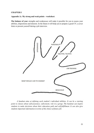 21
CHAPTER I
Appendix 1c. My strong and weak points – worksheet.
The balance of your strengths and weaknesses will make it possible for you to assess your
abilities, dispositions and interests. In the future it will help you to prepare a good CV, a cover
letter or present yourself during a job interview.
A handout aims at defining each student’s individual abilities. It can be a starting
point to classes about self-assurance, self-esteem, role in a group. The handout can inspire
students to make decisions about their education path and self-fulfillment. It can also give
students important information in terms of the choice of future job.
 
