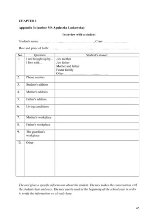 40
CHAPTER I
Appendix 3c (author MS Agnieszka Laskowska)
Interview with a student
Student's name: ……………………………………………, Class: ………………….
Date and place of birth: ………………………………………………………………………
No. Question Student's answer
1. I am brought up by...
I live with…
Just mother
Just father
Mother and father
Foster family
Other: ………………………………….
2. Phone number
3. Student's address
4. Mother's address
5. Father's address
6. Living conditions
7. Mother's workplace
8. Ftaher's workplace
9. The guardian's
workplace
10. Other
The tool gives a specific information about the student. The tool makes the conversation with
the student clear and easy. The tool can be used at the beginning of the school year in order
to verify the information we already have.
 