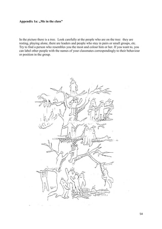 54
Appendix 1a: „Me in the class”
In the picture there is a tree. Look carefully at the people who are on the tree: they are
resting, playing alone, there are leaders and people who stay in pairs or small groups, etc.
Try to find a person who resembles you the most and colour him or her. If you want to, you
can label other people with the names of your classmates correspondingly to their behaviour
or position in the group.
 
