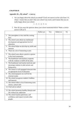 64
CHAPTER II
Appendix 1b: „My school” – a survey
1. Are you happy about the school you attend? Circle one answer on the scale from 1-6,
where 1 means that you don’t like your school very much, and 6 means that you are
really happy about your school.
1 – 2 – 3 – 4 – 5 – 6
2. How do you asses the opinions about your school mentioned below? Mark a correct
answer with an X.
Rather yes Yes Rather no No
1. The atmosphere is nice and like coming
here.
2. The school cares about my intellectual
development and appropriate level of
education.
3. The school helps me develop my skills and
interests
4. There are a lot of interesting events
5. The school cares about a positive opinion
in the local community
6. The headmaster and teachers cooperate
with the students to fulfill all the tasks.
7. The headmaster and teacher motivate and
encourage students to take actions and
being active
8. The school is well equipped what provides
an appropriate level of education
9. The school prepares me well for the
external exams
10. The school recognizes student’s hobbies
and interests
11. The school offers a lot of interesting extra
classes, school cubs
12. I feel safe at school
13. The school promotes healthy lifestyle and
life without any addictions
14. The school teaches patriotism, self
confidence and respect towards other
people.
 