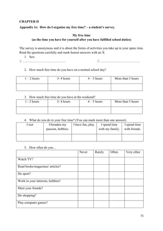 71
CHAPTER II
Appendix 1e: How do I organise my free time? – a student’s survey.
My free time
(as the time you have for yourself after you have fulfilled school duties)
The survey is anonymous and it is about the forms of activities you take up in your spare time.
Read the questions carefully and mark honest answers with an X.
1. Sex:
♀ ………………………………… ♂……………………………….
2. How much free time do you have on a normal school day?
1 – 2 hours 3- 4 hours 4 – 5 hours More than 5 hours
3. How much free time do you have at the weekend?
1 - 2 hours 3- 4 hours 4 – 5 hours More than 5 hours
4. What do you do in your free time? (You can mark more than one answer).
I rest I broaden my
passion, hobbies.
I have fun, play. I spend time
with my family.
I spend time
with friends.
5. How often do you…
Never Rarely Often Very often
Watch TV?
Read books/magazines/ articles?
Do sport?
Work in your interests, hobbies?
Meet your friends?
Do shopping?
Play computer games?
 