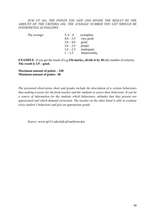 90
SUM UP ALL THE POINTS YOU GOT AND DIVIDE THE RESULT BY THE
AMOUNT OF THE CRITERIA (40). THE AVERAGE NUMBER YOU GET SHOULD BE
INTERPRETED AS FOLLOWS:
The average: 5, 6 – 6 exemplary
4,6 – 5,5 very good
3,6 – 4,6 good
2,6 – 3,5 proper
1,6 – 2,5 inadequate
1 - 1,5 blameworthy
EXAMPLE: if you get the result of e.g.156 marks., divide it by 40 (the number of criteria).
The result is 3,9 – good.
Maximum amount of points – 240
Minimum amount of points– 40
The presented observation sheet and grades include the description of a certain behaviours
thus making it easier for the form teacher and the students to assess their behaviour. It can be
a source of information for the students which behaviours, attitudes that they present are
appreciated and which demand correction. The teacher on the other hand is able to evaluate
every student’s behaviour and give an appropriate grade.
Source: www.sp111.edu.lodz.pl/zachowa.doc
 