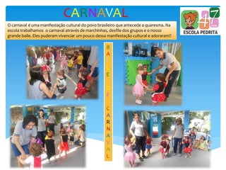 CARNAVAL
O carnaval é uma manifestação cultural do povo brasileiro que antecede a quaresma. Na
escola trabalhamos o carnaval através de marchinhas, desfile dos grupos e o nosso
grande baile. Eles puderam vivenciar um pouco dessa manifestação cultural e adoraram!!
B
A
I
L
E
D
E
C
A
R
N
A
V
A
L
 