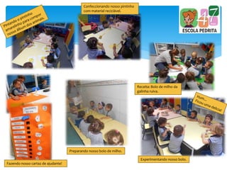 Confeccionando nosso pintinho
com material reciclável.
Fazendo nosso cartaz de ajudante!
Receita: Bolo de milho da
galinha ruiva.
Preparando nosso bolo de milho.
Experimentando nosso bolo.
 