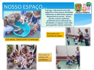 O grupo 1 não possui uma sala
específica. Para nossas atividades
utilizamos os diferentes espaços
disponíveis da escola. Temos,
porém, nossos cantinhos
preferidos para realização de
atividades e o espaço reservado
para guardar nossos materiais.
NOSSO ESPAÇO...
Que delicia...Dando banho na tartaruga!
Brincando com
bolinhas de sabão
Brincando no
parque com
panelinhas.
 
