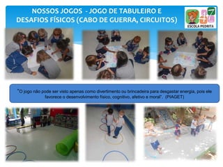 “O jogo não pode ser visto apenas como divertimento ou brincadeira para desgastar energia, pois ele
favorece o desenvolvimento físico, cognitivo, afetivo e moral”. (PIAGET)
NOSSOS JOGOS - JOGO DE TABULEIRO E
DESAFIOS FÍSICOS (CABO DE GUERRA, CIRCUITOS)
 