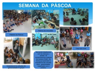SEMANA DA PÁSCOA
Palestra da Páscoa
Estabelecemos atitudes de
generosidade no grupo
Na escola trabalhamos
com as crianças o
sentido de
comemorarmos a páscoa
de maneira Cristã . De
forma que aprendam a
importância das virtudes:
amor , generosidade,
cooperação com o
próximo.
Fábrica de chocolate
Caça aos ovos
 