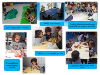 Registro: atitudes de obediência e
desobediência para com a mamãe.
Experiência: Mistura com outras
cores
Explorando a cor vermelha e a fruta
História com sombras
Conto: Chapeuzinho Vermelho
Preparação dos
presentes para
mamãe
 