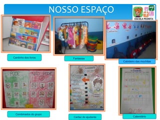 NOSSO ESPAÇO
Cantinho dos livros Fantasias
Cabideiro das mochilas
Combinados do grupo
CalendárioCartaz do ajudante
 