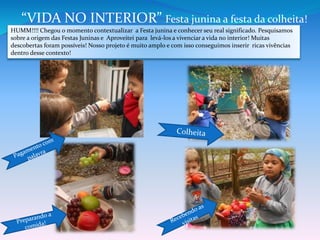 HUMM!!!! Chegou o momento contextualizar a Festa junina e conhecer seu real significado. Pesquisamos
sobre a origem das Festas Juninas e Aproveitei para levá-los a vivenciar a vida no interior! Muitas
descobertas foram possíveis! Nosso projeto é muito amplo e com isso conseguimos inserir ricas vivências
dentro desse contexto!
“VIDA NO INTERIOR” Festa junina a festa da colheita!
 