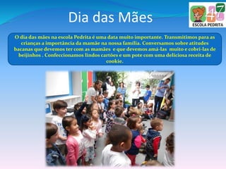Dia das Mães
O dia das mães na escola Pedrita é uma data muito importante. Transmitimos para as
crianças a importância da mamãe na nossa família. Conversamos sobre atitudes
bacanas que devemos ter com as mamães e que devemos amá-las muito e cobri-las de
beijinhos . Confeccionamos lindos cartões e um pote com uma deliciosa receita de
cookie.
 