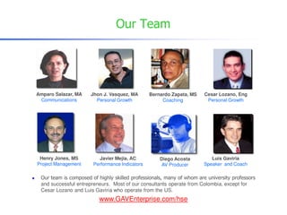 Our Team




Amparo Salazar, MA    Jhon J. Vasquez, MA       Bernardo Zapata, MS    Cesar Lozano, Eng
 Communications         Personal Growth              Coaching           Personal Growth




 Henry Jones, MS         Javier Mejia, AC           Diego Acosta         Luis Gaviria
Project Management     Performance Indicators        AV Producer      Speaker and Coach

 Our team is composed of highly skilled professionals, many of whom are university professors
 and successful entrepreneurs. Most of our consultants operate from Colombia, except for
 Cesar Lozano and Luis Gaviria who operate from the US.
                          www.GAVEnterprise.com/hse
 