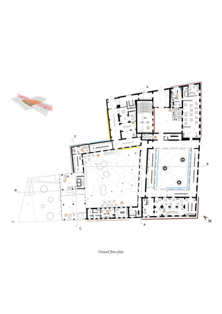 0.23
0.27
0.30
0.05
-0.14
0.08
0.08
0.32
0.62
0.22
0.25
0.42
0.22
0.28
0.080.34
0.26
0.24
0.36
0.27
0.02
0.03
-2.66
-0.89
0.00
H= 4.93
H= 4.76
H= 4.76
H= 4.68
H= 4.67
H= 4.47
H= 4.75
H= 4.92
H= 10.51
H= 4.72
H= 4.72
H= 5.92
H= 5.92
H= 5.09
H= 4.91
H= 5.06
H= 4.89
H= 7.30
H= 8.20
8.00%
8.00 %
7.80 %
B
B
C
C
A
A
N
Laboratorio_Paniﬁcio
Laboratorio_Pasticceria
Scale che conducono al
piano interrato soggetto al
vincolo archeologico
Shop_Expo prodotti
Ristorante_Smoke area
Enoteca_Degustazione
Auditorium_Exibition
Book shop_Sala lettura
97 mq
123 mq
311 mq
389 mq
304 mq
159 mq
256 mq
Pianta PianoTerra scala 1:200
1
2
Ground floor plan
 